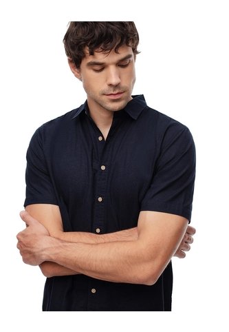 Camisa Manga Corta Regular Lino Azul Hombre Azul Gef