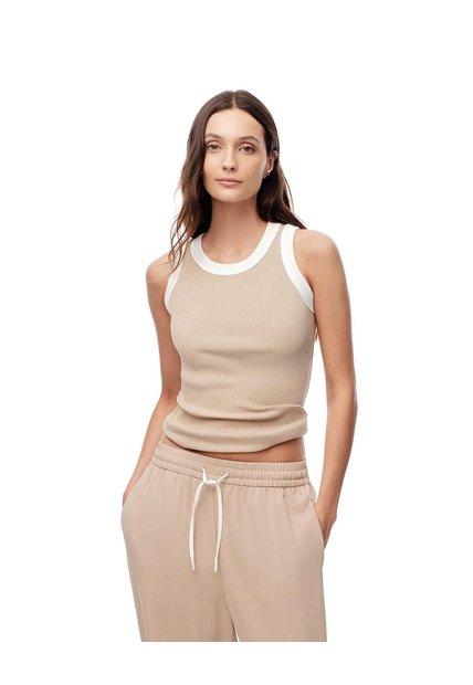 Camiseta Esqueleto Slim Rib Algodón Caqui Mujer Beige