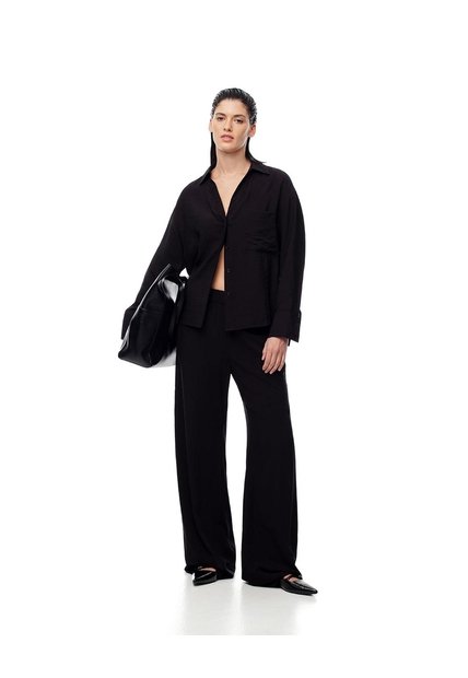 Pantalón Wide Leg Tiro Medio Negro Mujer Negro