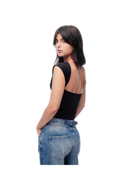 Camiseta Crop Slim Doble Tela Negra Mujer Negro
