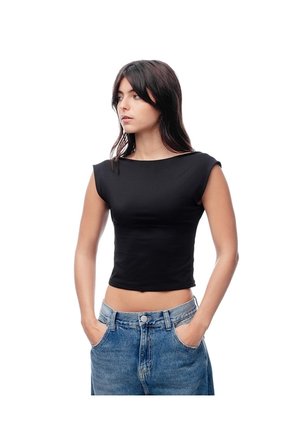 Camiseta Crop Slim Doble Tela Negra Mujer Negro