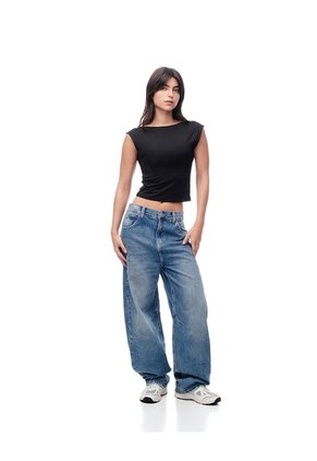 Camiseta Crop Slim Doble Tela Negra Mujer Negro
