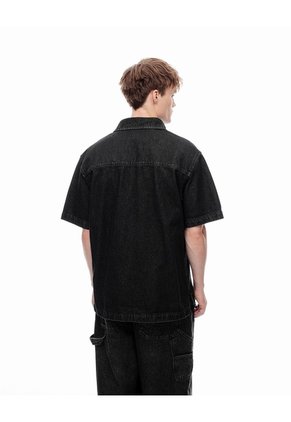 Camisa Manga Corta Denim Regular Negra Hombre Azul