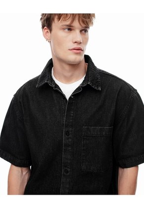 Camisa Manga Corta Denim Regular Negra Hombre Azul