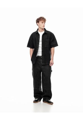 Camisa Manga Corta Denim Regular Negra Hombre Azul