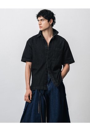 Camisa Manga Corta Denim Regular Negra Hombre Azul