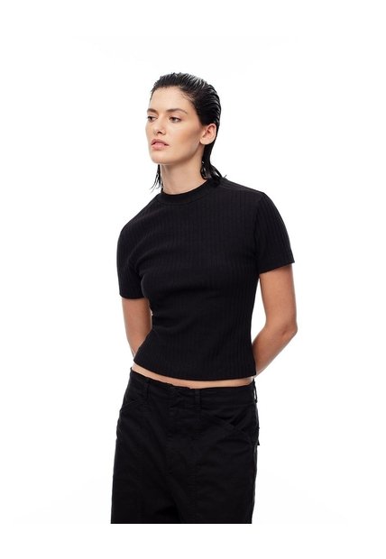 Camiseta Crop Slim Algodón Negra Mujer Negro