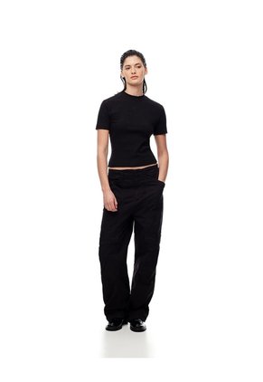 Camiseta Crop Slim Algodón Negra Mujer Negro