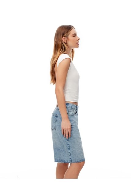 Bermuda Regular Tiro Medio Denim índigo Medio Mujer Azul Oscuro