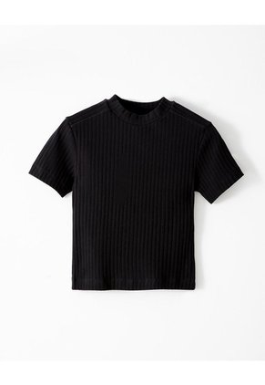 Camiseta Crop Slim Algodón Negra Mujer Negro