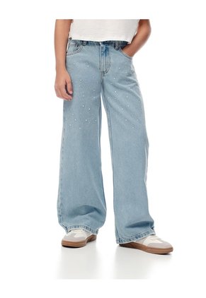 Jean Wide Leg Tiro Medio Brillos índigo Claro Niña Azul