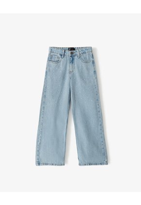 Jean Wide Leg Tiro Medio Brillos índigo Claro Niña Azul