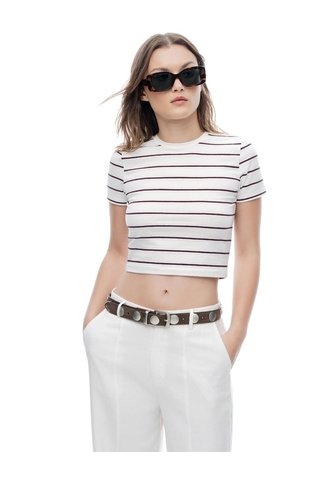 Camiseta Slim Manga Corta Crudo Rayas Mujer Beige Gef