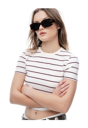 Camiseta Slim Manga Corta Crudo Rayas Mujer Beige