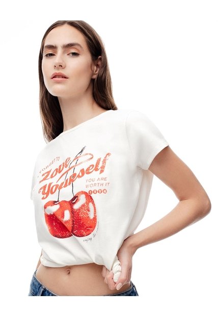 Camiseta Regular Algodón Beige Estampada Mujer Marron