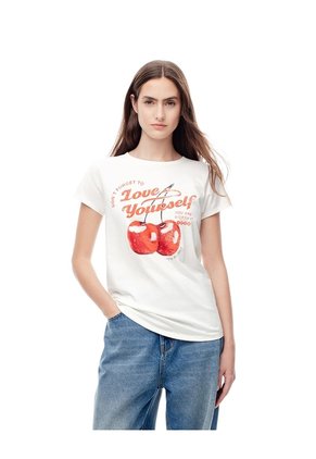 Camiseta Regular Algodón Beige Estampada Mujer Marron