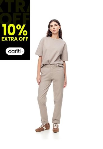 Pantalón Recto Tiro Medio Algodón Taupe Mujer Marron Gef