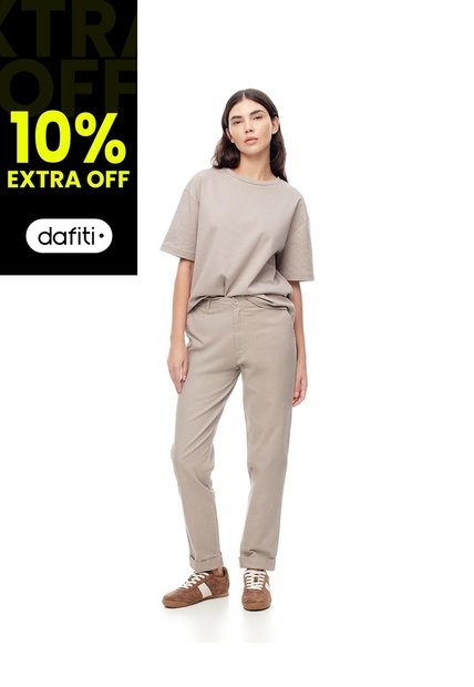 Pantalón Recto Tiro Medio Algodón Taupe Mujer Marron