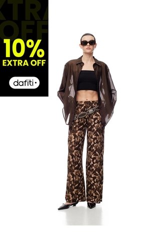 Pantalón Wide Leg Tiro Medio Estampado Mujer Cafe Gef
