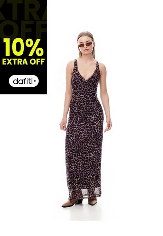 Vestido Largo Tull Con Forro Print Mujer Cafe Gef