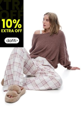 Pantalón Relax Tiro Medio Algodón Cuadros Mujer Cafe Gef