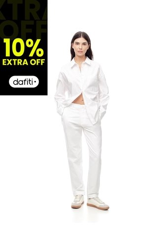 Pantalón Recto Tiro Medio Algodón Blanco Mujer Blanco Gef