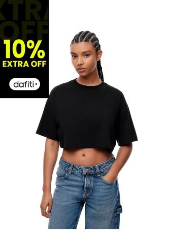 Camiseta Crop Regular Algodón Negra Mujer Negro Gef