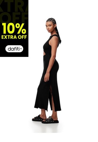 Vestido Midi Slim Rib Algodón Negro Mujer Negro Gef