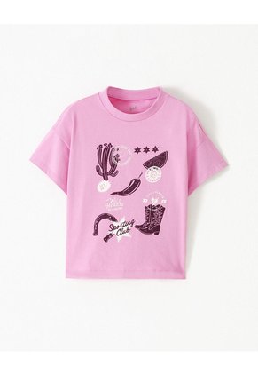 Camiseta Regular Algodón Rosa Estampada Niña Rosa