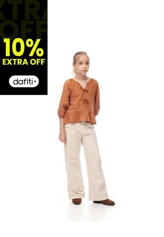 Pantalón Flare Tiro Medio Drill Algodón Habano Niña Marron Gef
