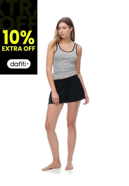 Camiseta + Short De Pijama Rib Rayas Mujer Negro