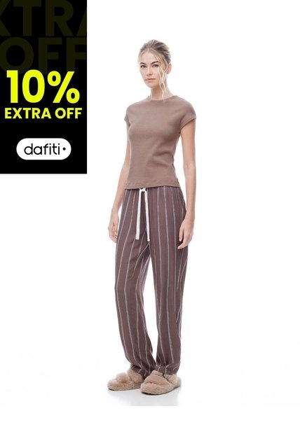 Pantalón Regular Tiro Medio Café Rayas Mujer Cafe