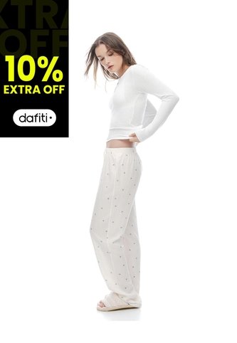 Pantalón Regular Tiro Medio Blanco Estampado Mujer Blanco Gef