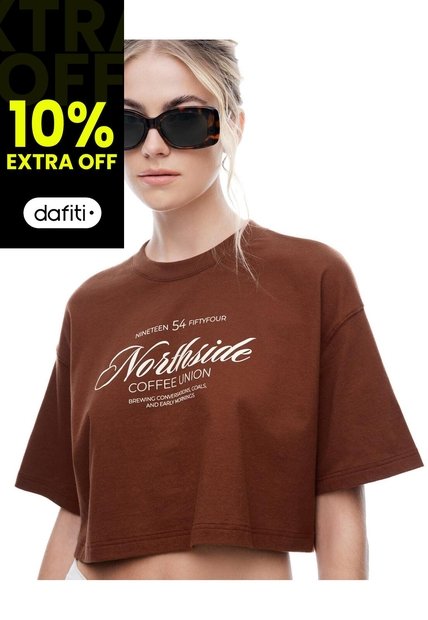 Camiseta Crop Regular Algodón Café Estampada Mujer Cafe