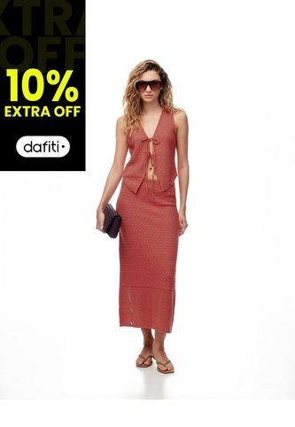 Falda Midi Tejida Calada Terracota Mujer Marron Gef