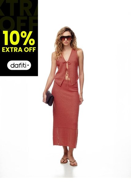 Falda Midi Tejida Calada Terracota Mujer Marron