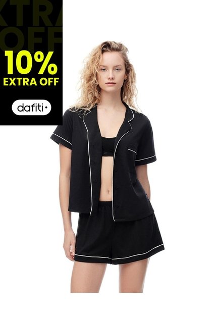 Camisa + Short De Pijama Algodón Negro Mujer Negro