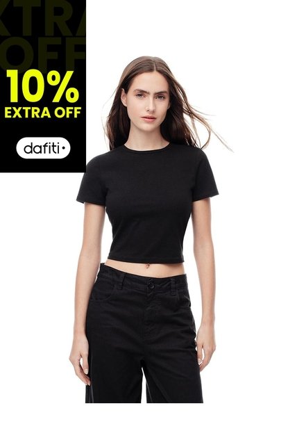 Camiseta Crop Slim Algodón Negra Mujer Negro