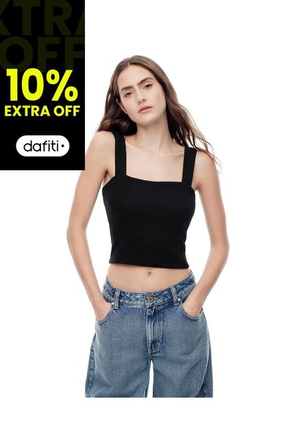Crop Top Slim Rib Algodón Negra Mujer Negro