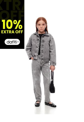 Jean Mom Tiro Medio Brillos Gris Niña Azul Gef