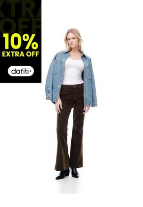 Jean Flare Tiro Alto Efecto Gamuza Café Mujer Marron