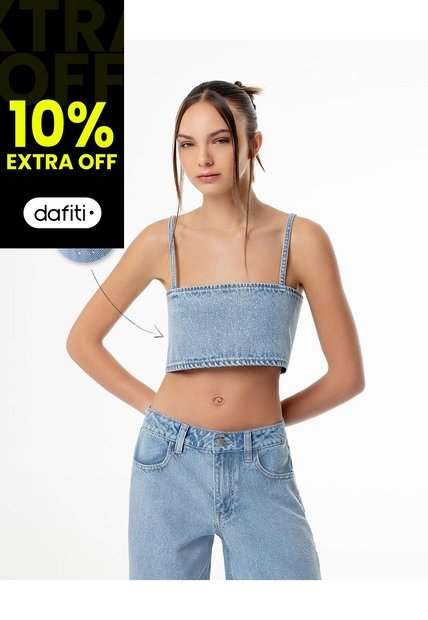 Crop Top Denim Brillos índigo Claro Mujer Azul