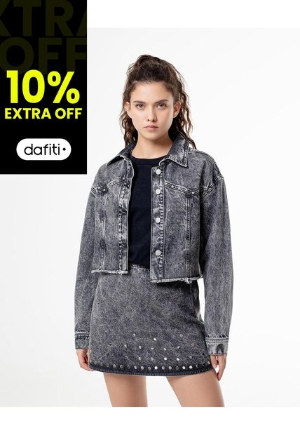 Falda Tiro Alto Denim Tachuelas Gris Mujer Azul