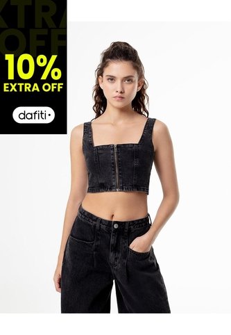 Crop Top Slim Denim Negro Mujer Azul Gef
