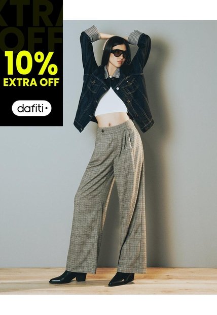 Pantalón Wide Leg Tiro Medio Café Cuadros Mujer Cafe