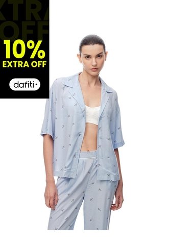 Camisa Relax Manga Corta Estampada Mujer Azul Gef