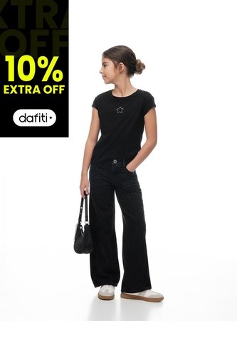 Jean Wide Leg Tiro Medio Brillos Negro Niña Azul Gef