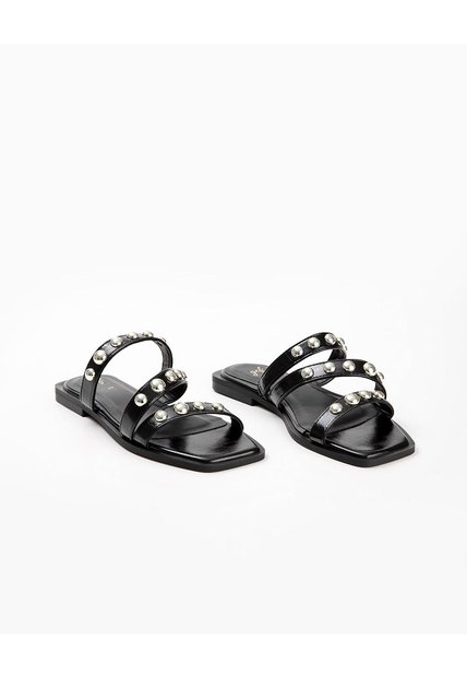 Sandalias Planas Con Apliques Negras Mujer Negro