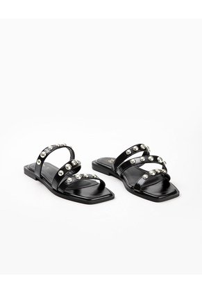 Sandalias Planas Con Apliques Negras Mujer Negro