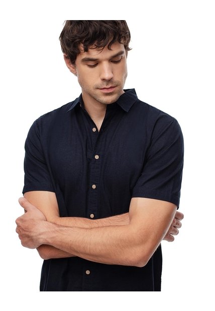Camisa Manga Corta Regular Lino Azul Hombre Azul